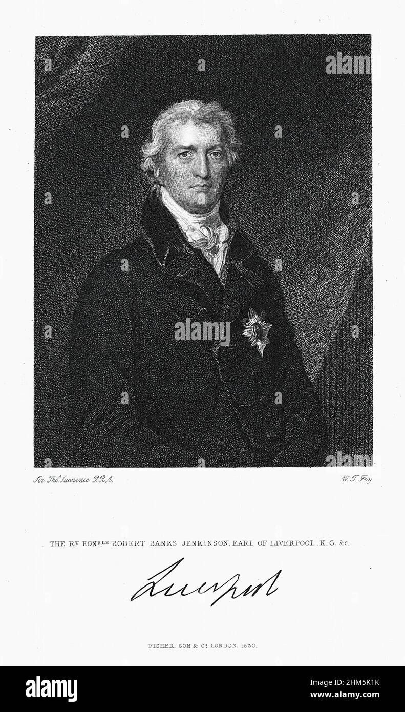 Retrato de Robert Banks Jenkinson, Conde de Liverpool (1770-1828) - Grabado histórico Foto de stock