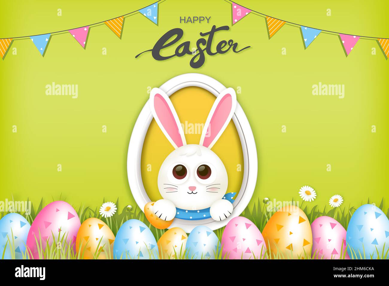 Estilo de dibujos animados conejito de Pascua feliz con huevos de colores en verde jardín de fondo Ilustración del Vector