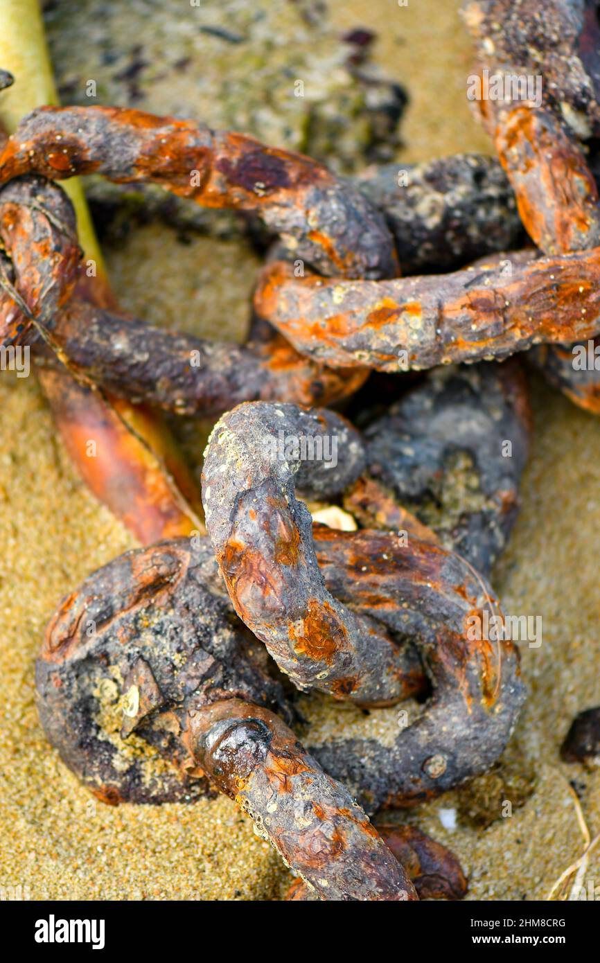 Cadena oxidada en la playa aún conectada Foto de stock