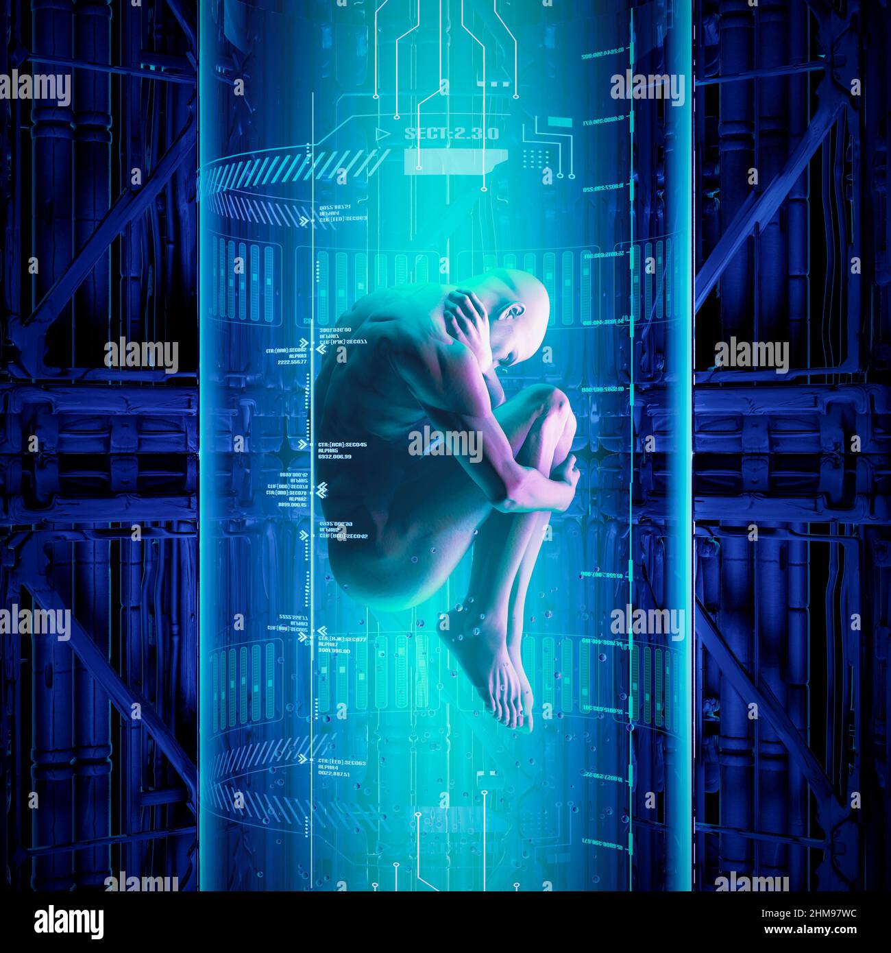Man clone - 3D ilustración de la escena de ciencia ficción que muestra la figura masculina humana flotando dentro del tubo futurista de clonación médica Foto de stock
