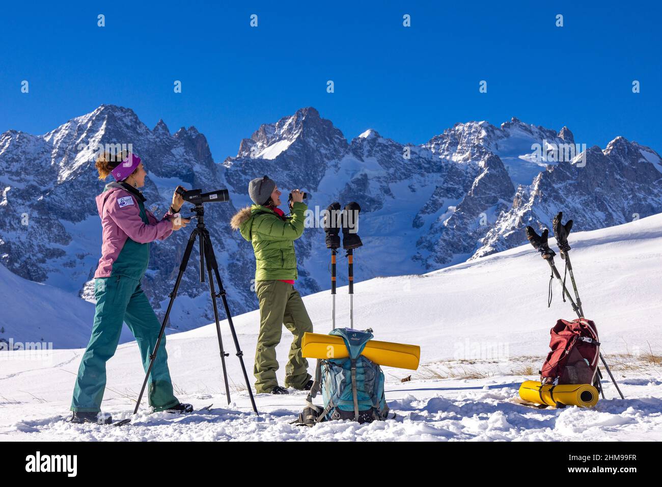 Francia. Hautes-Alpes (05) Parque Nacional Ecrins, desde la cima de la estación de esquí de Serre Chevalier, observación de la vida silvestre con un telescopio con Rachel Bourg, Foto de stock