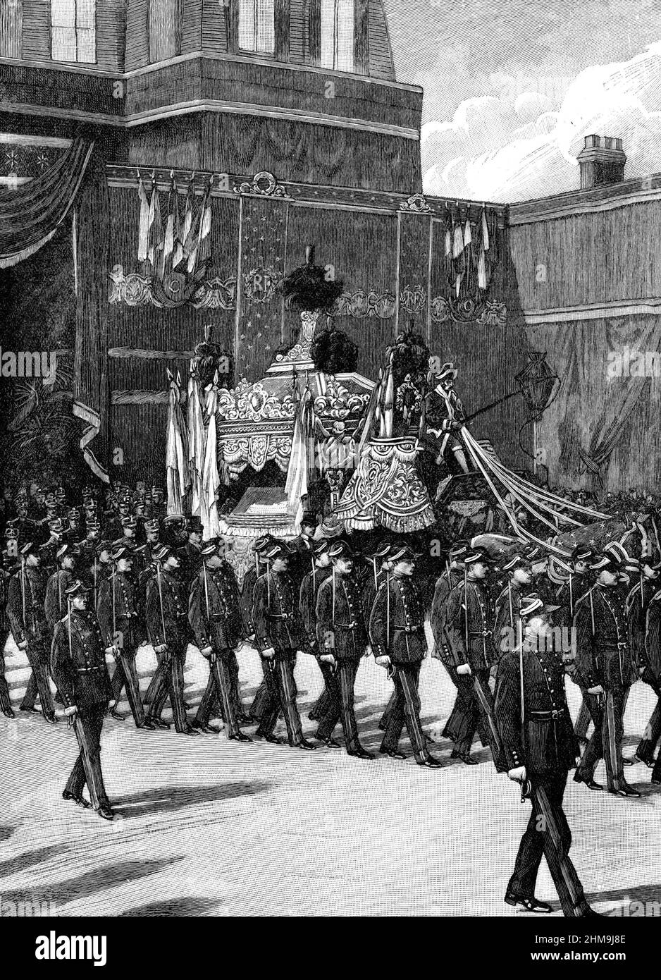 Ilustración en blanco y negro; Funeral del Presidente Carnot, Presidente de Francia, 1894. La Procesión saliendo del Palacio Elysee, París Foto de stock
