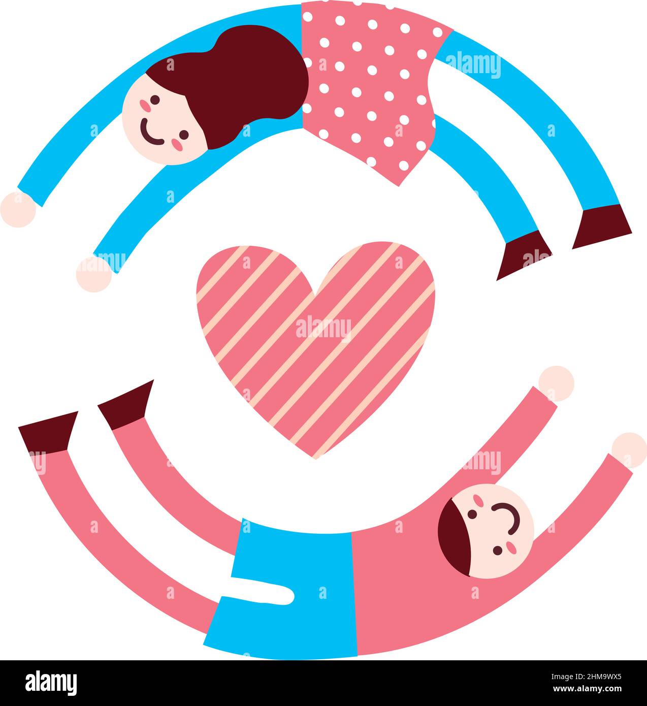 un par de feliz chico y chica en forma de círculo volando alrededor de un corazón, marco redondo Ilustración del Vector