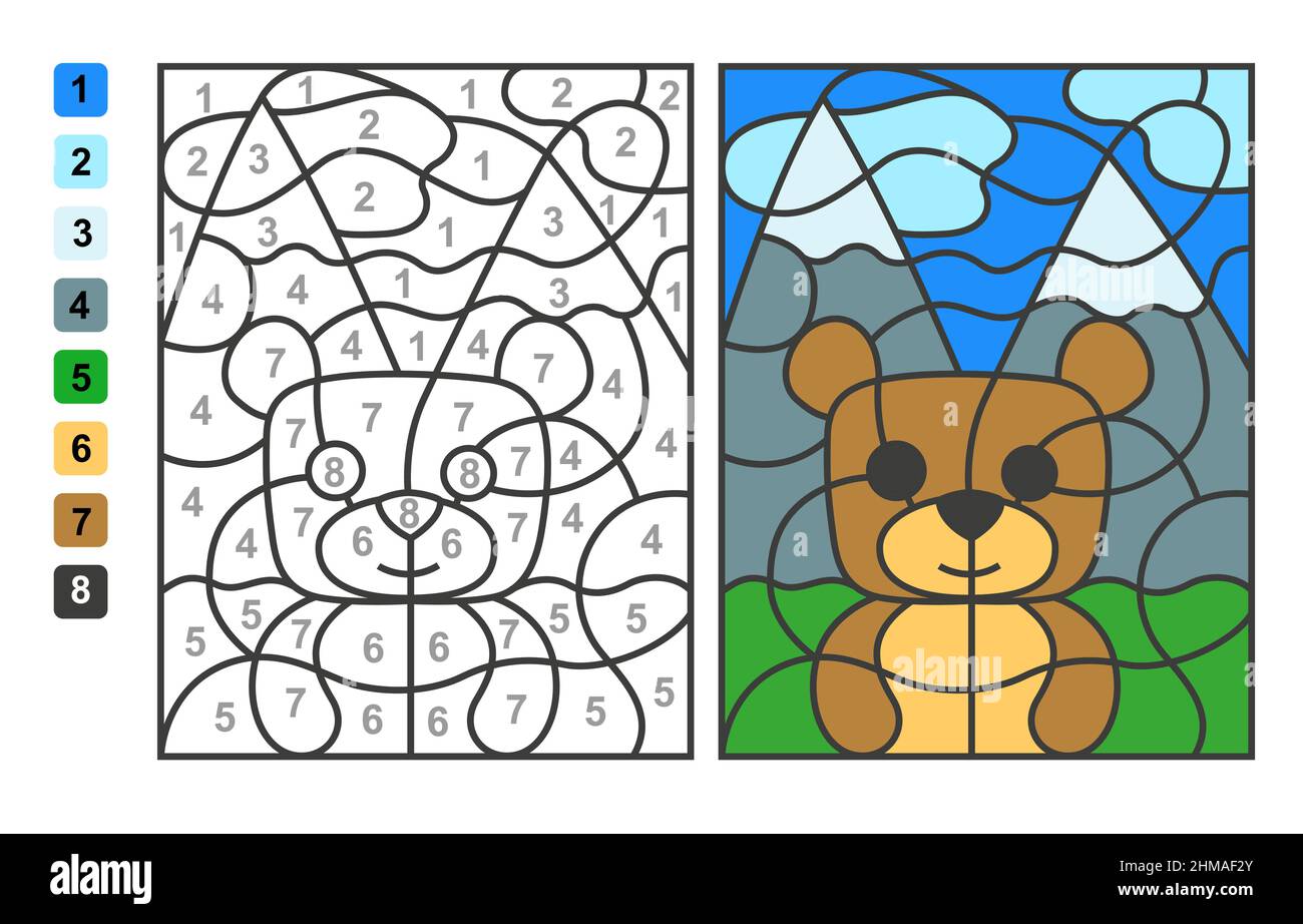 Simple vector colorear oso animal salvaje, color por números. Juego de rompecabezas  para la educación de los niños Imagen Vector de stock - Alamy