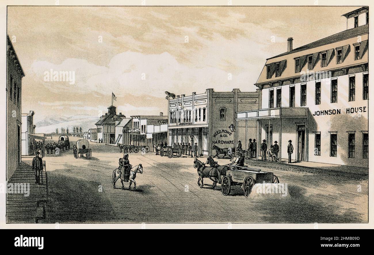 Ellensburg, Territorio de Washington, en 1880s. Litografía de duotona Foto de stock
