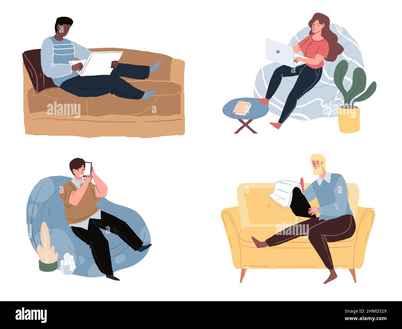 Personajes planos de dibujos animados sentados en sofá y sillas, ocio en casa y juego de ilustraciones de vectores de trabajo en línea Ilustración del Vector