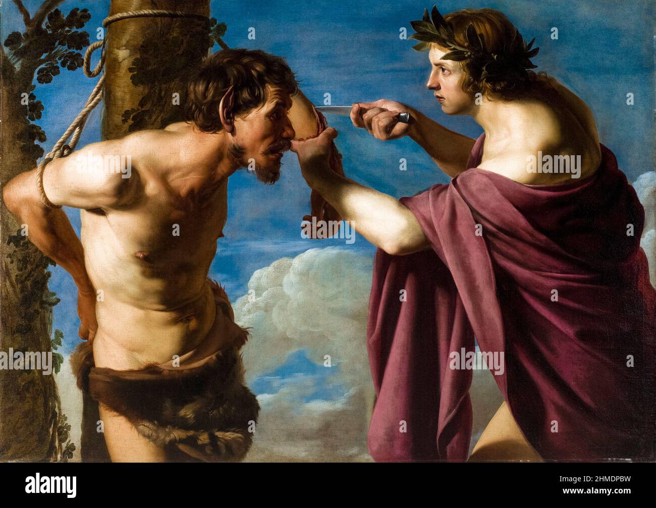 Apolo y Marsyas, pintura de Bartolomeo Manfredi, 1616-1620 Foto de stock
