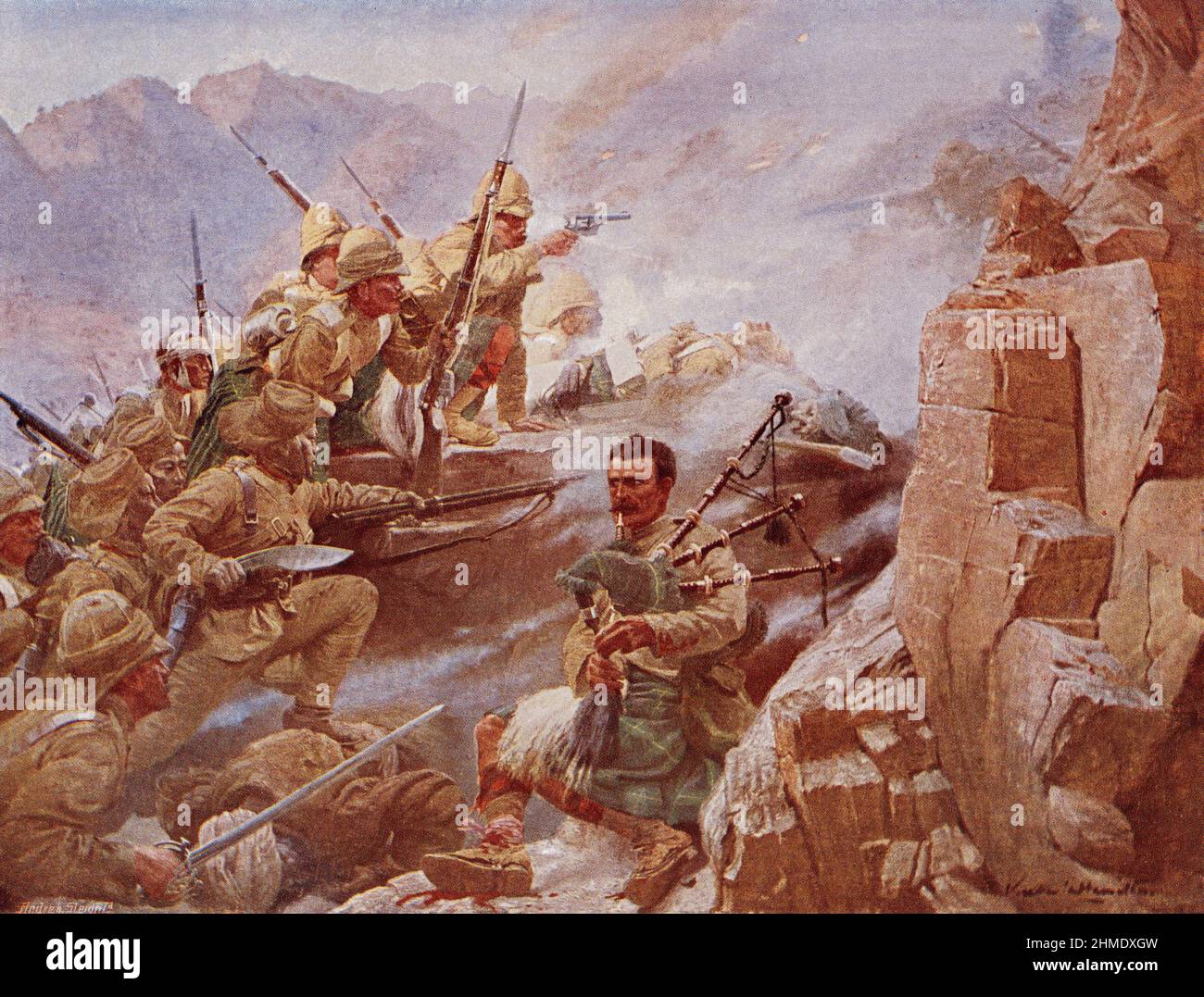 Ilustración del color; el asalto de las alturas de Dargai Malakand Pakistán por los altos de Gordon y Rifles de Ghurka, octubre de 1897 Foto de stock