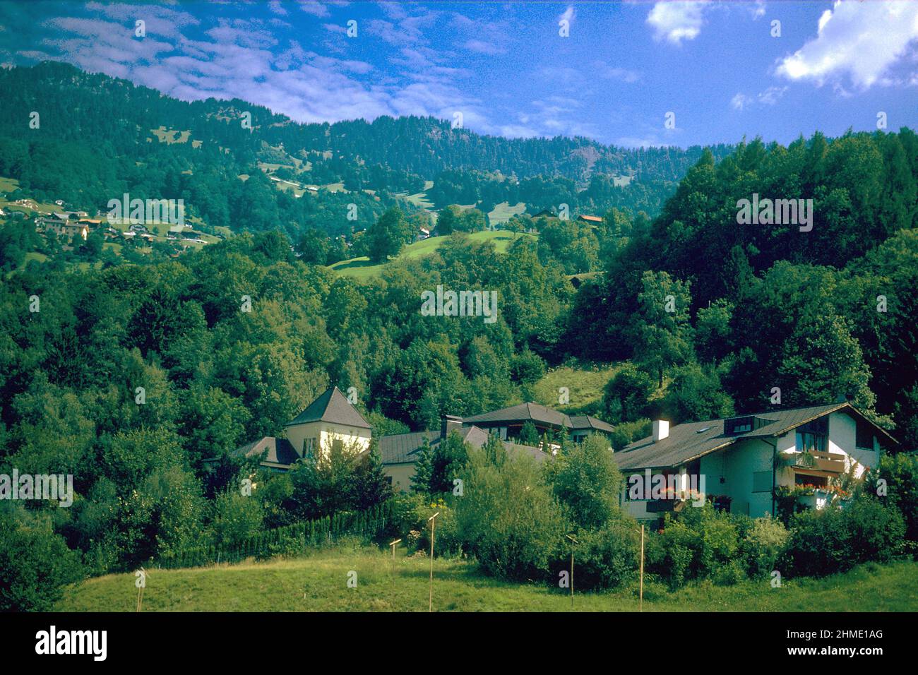 Arbolada ladera con casas en 1981, Triesenberg, Liechtenstein Foto de stock