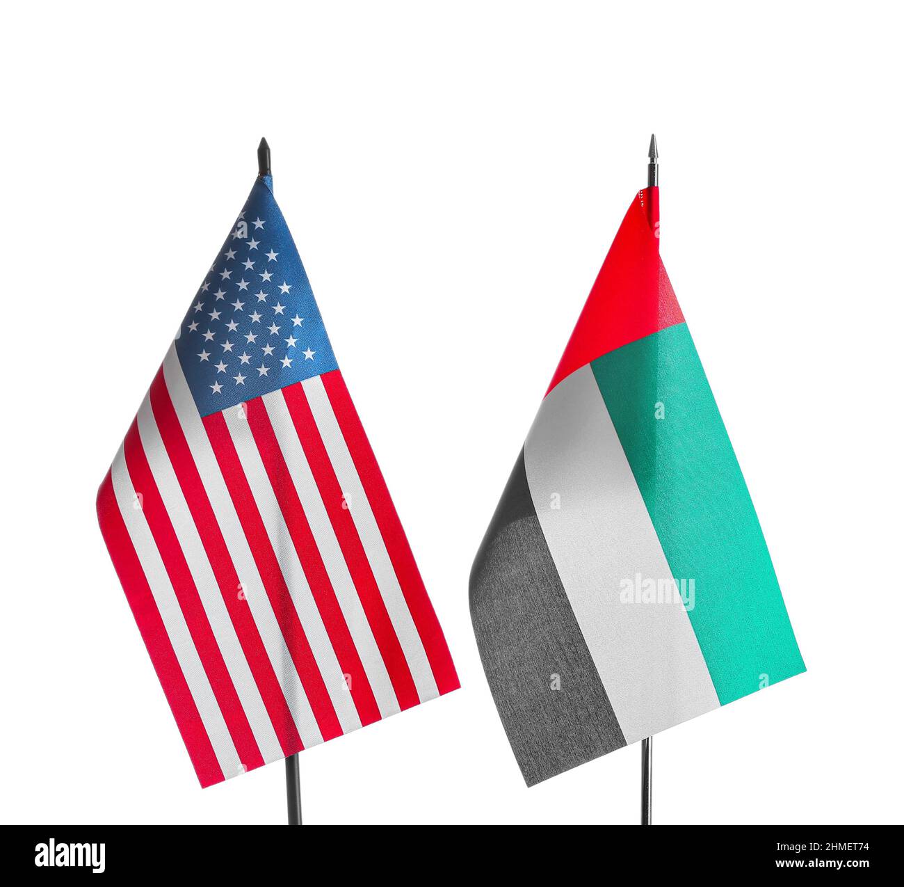 Banderas nacionales de EAU y EE.UU. Sobre fondo blanco Foto de stock