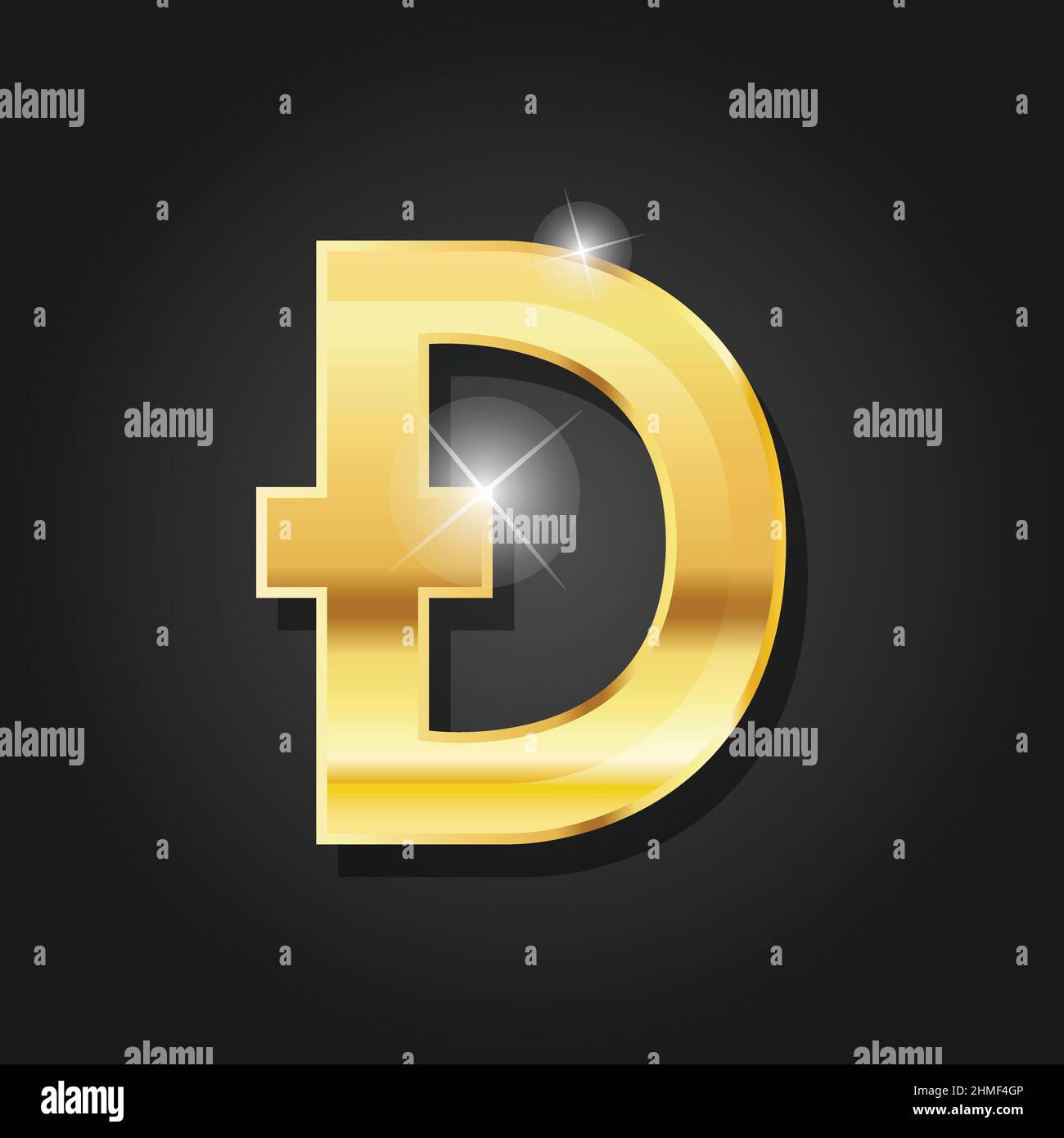 Imagen vectorial de símbolo de insignia de símbolo de dogecoin brillante dorada. Moneda de criptomoneda digital dorada. Símbolo de dinero de finanzas electrónicas. Ilustración del Vector