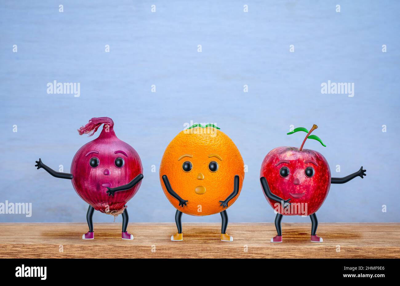 Baile de manzana, naranja y cebolla, personajes, feliz, divertido concepto de verduras y frutas, con espacio de copia Foto de stock
