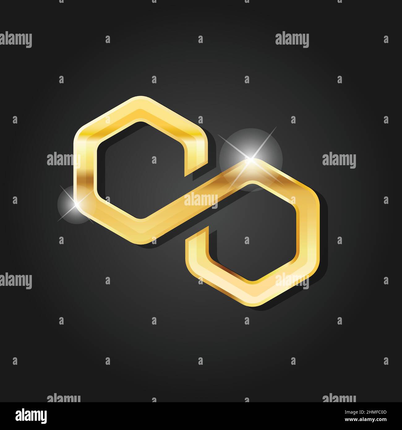 Imagen vectorial de símbolo de insignia de polígono brillante de oro. Moneda de criptomoneda digital dorada. Símbolo de dinero de finanzas electrónicas. Ilustración del Vector