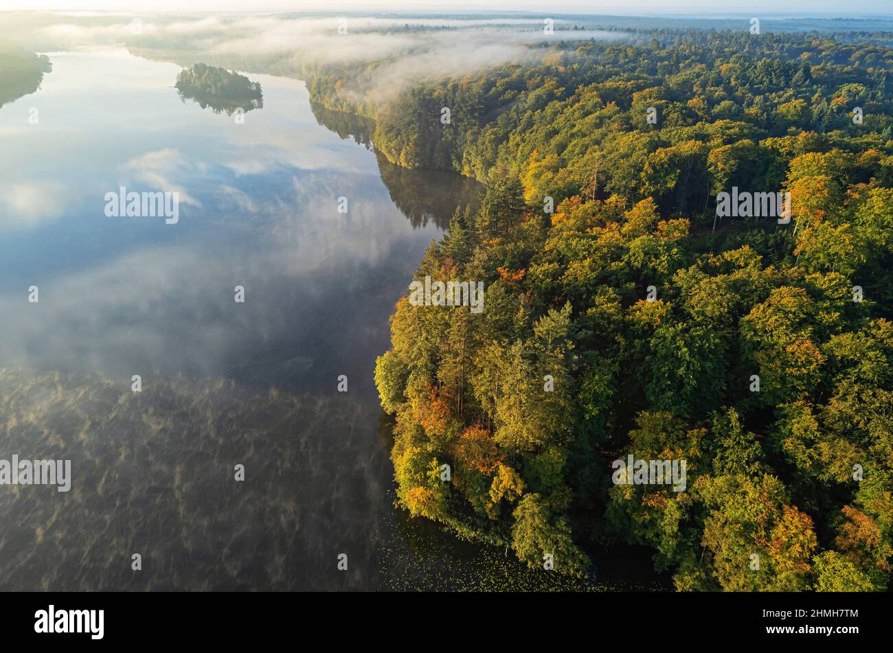 Impresión matutina en Drüsensee cerca de Mölln, tomada con un drone fotográfico Foto de stock