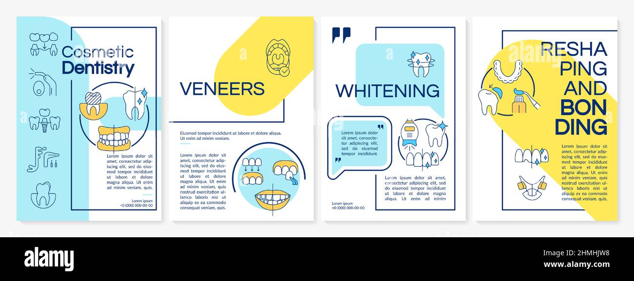 Procedimientos de dientes cosméticos plantilla de folleto azul y amarillo Ilustración del Vector