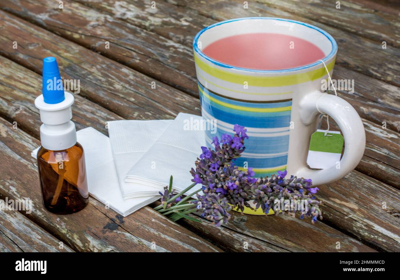 Pañuelo, estornudo frío y té de hierbas como remedio casero para los resfriados Foto de stock