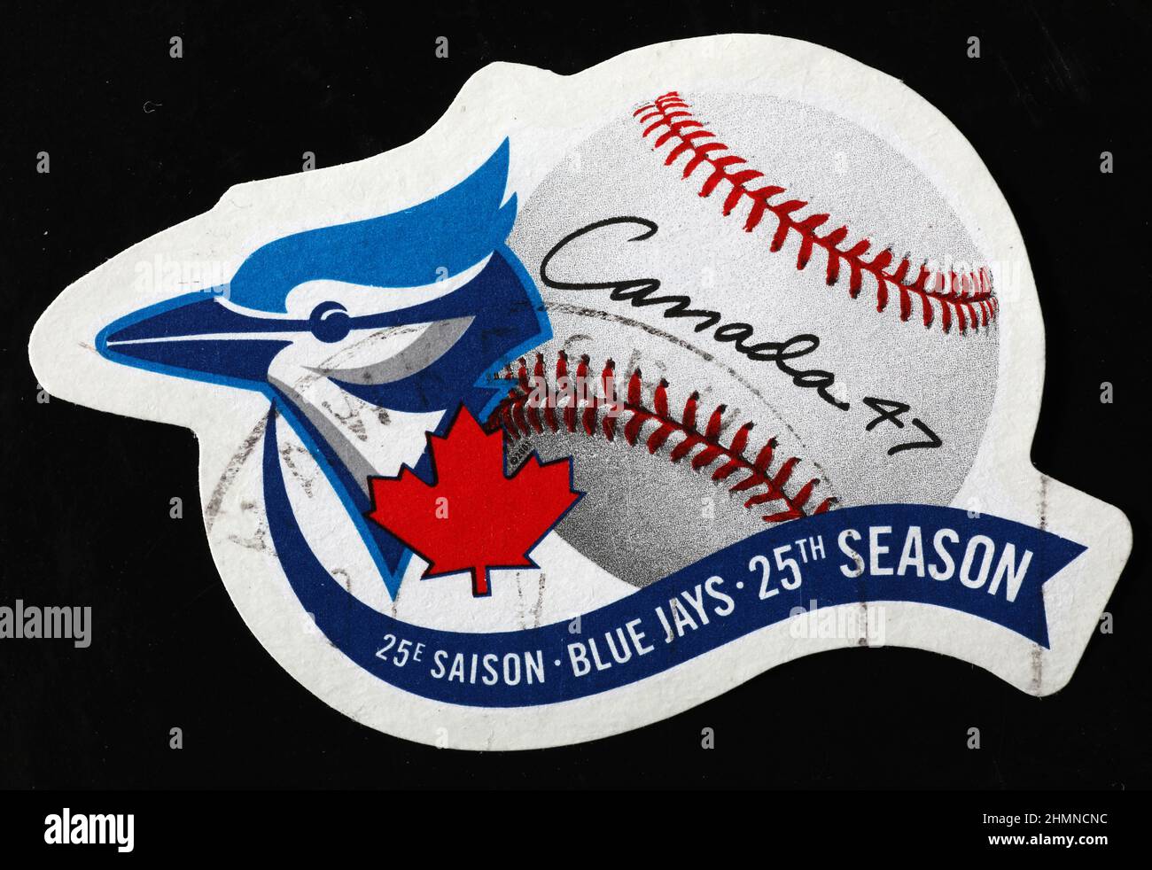 Logotipo del equipo de béisbol de Blue Jays en el sello postal Foto de stock