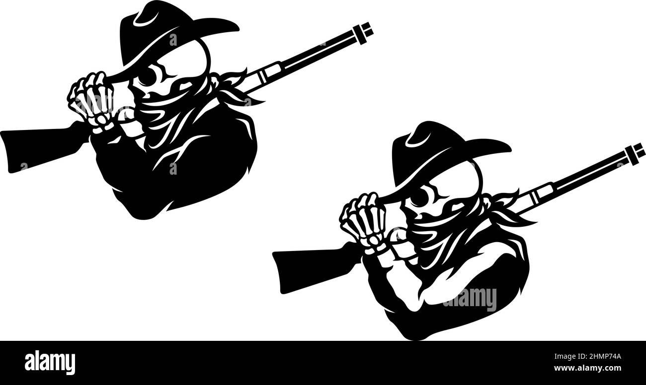 Esqueleto en el traje Cowboy sosteniendo un rifle en su hombro Ilustración del Vector