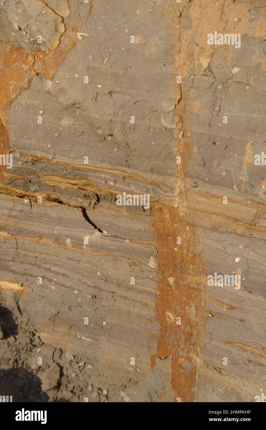 Primer plano en la superficie de arcilla de moraína después de un deslizamiento de tierra. Se pueden ver depósitos realizados durante la edad del hielo. El alto intento de irin le da a la arcilla una tatita bownish. Foto de stock