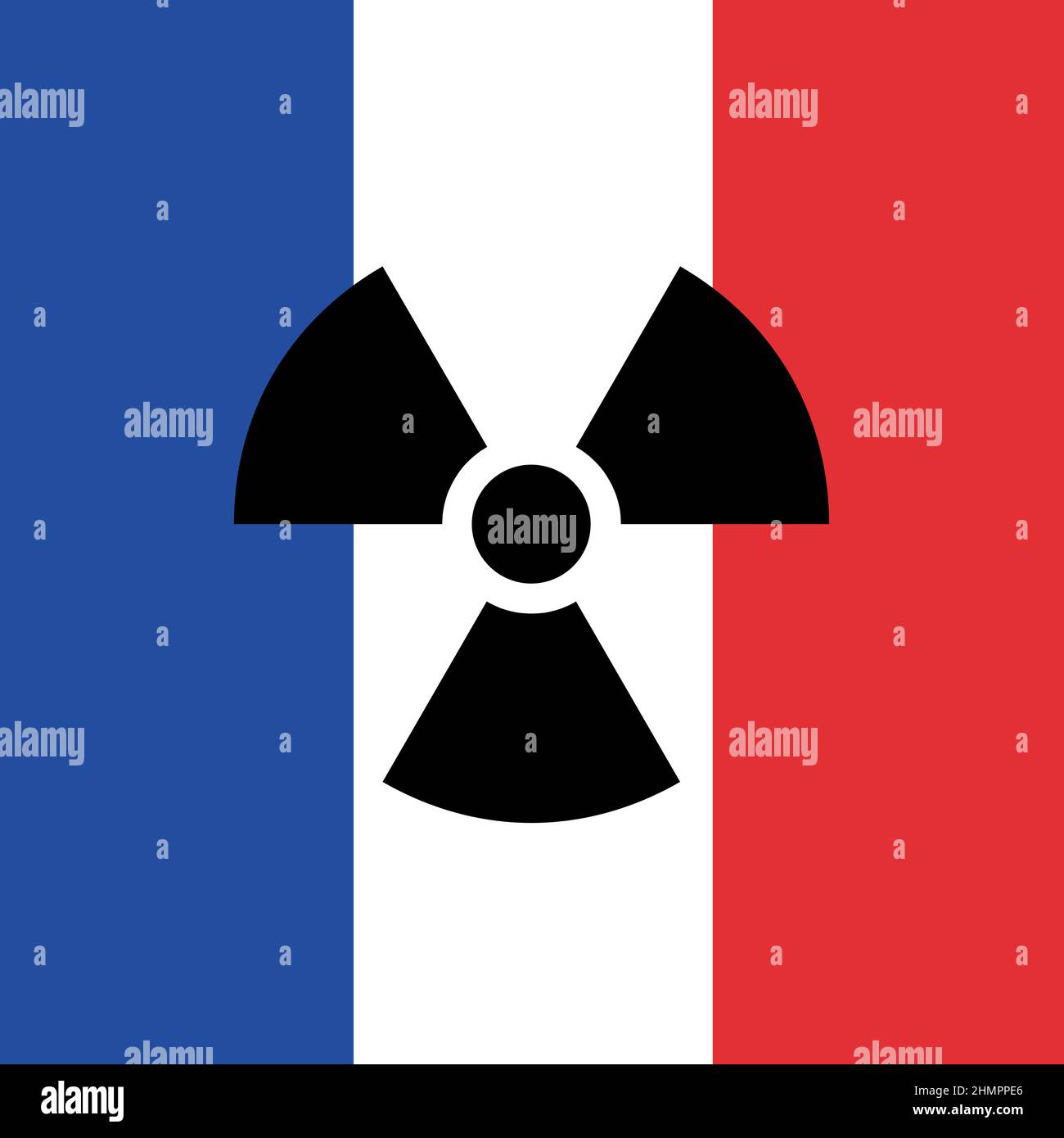 Francia y símbolo de la radiactividad radiactiva - energía nuclear y atómica en el país. Ilustración vectorial de la bandera nacional y el símbolo, el signo y la p Foto de stock