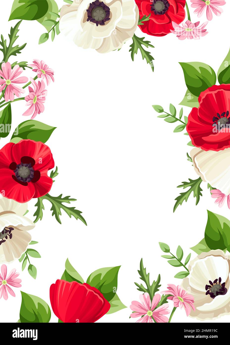 Tarjeta vectorial con flores de amapola roja y blanca, pequeñas flores rosadas y hojas verdes. Diseño de tarjeta de felicitación o invitación Ilustración del Vector