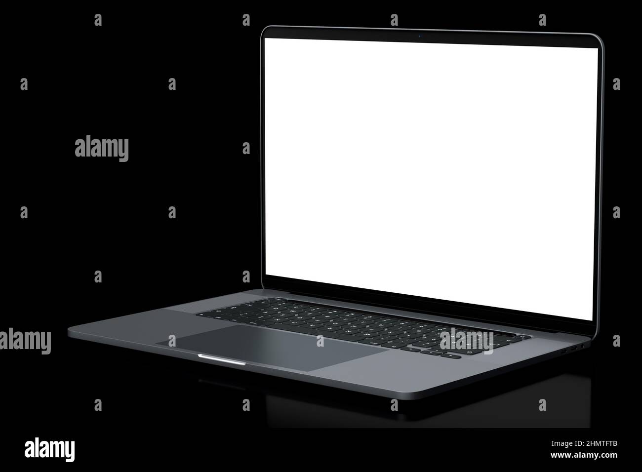 Portátil de aluminio realista con pantalla blanca vacía aislada sobre fondo negro. 3D renderizado de ordenador portátil abierto para el hogar estudio workspa Foto de stock