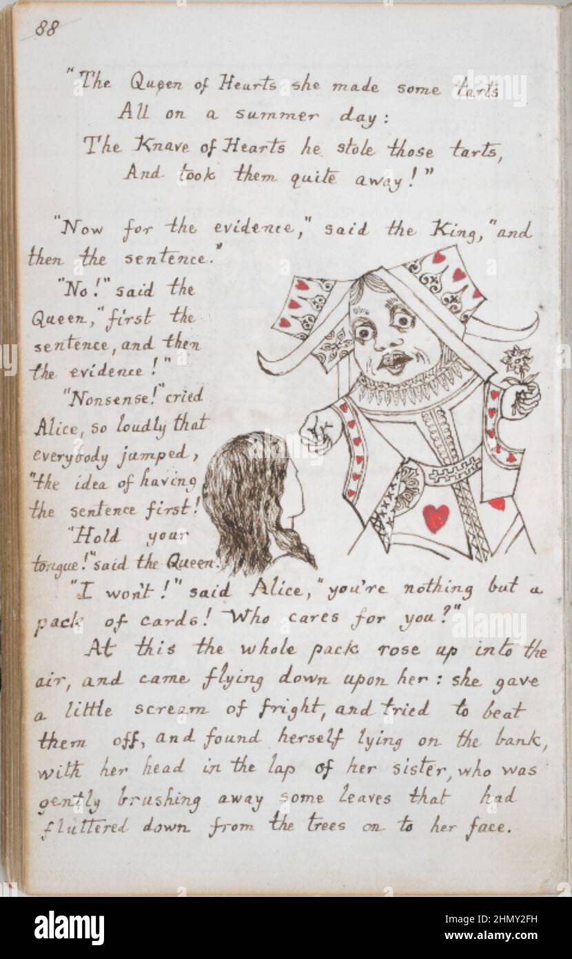 Una página manuscrita del manuscrito original de Alice's Adventures Unground, ilustrado por el autor Lewis Carroll. Foto de stock