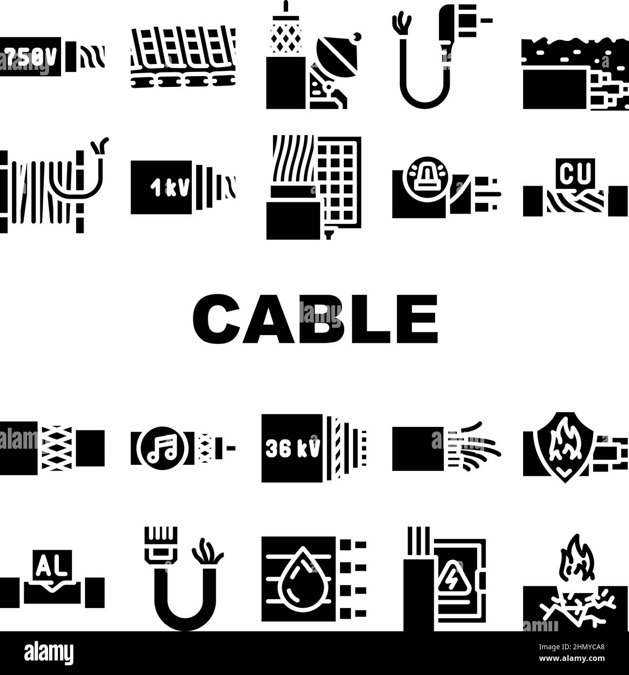 Cable Alambre Sistema eléctrico Iconos Set Vector Ilustración del Vector