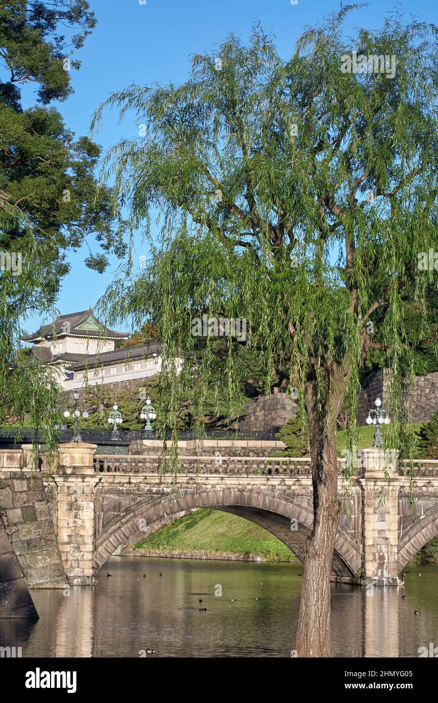 La vista de Seimon Ishibashi (un apodo es Meganebashi o Eyeglasses) Puente sobre el agua de Nijubashi-moat y Fushimi Turret visto desde Kyuden Foto de stock