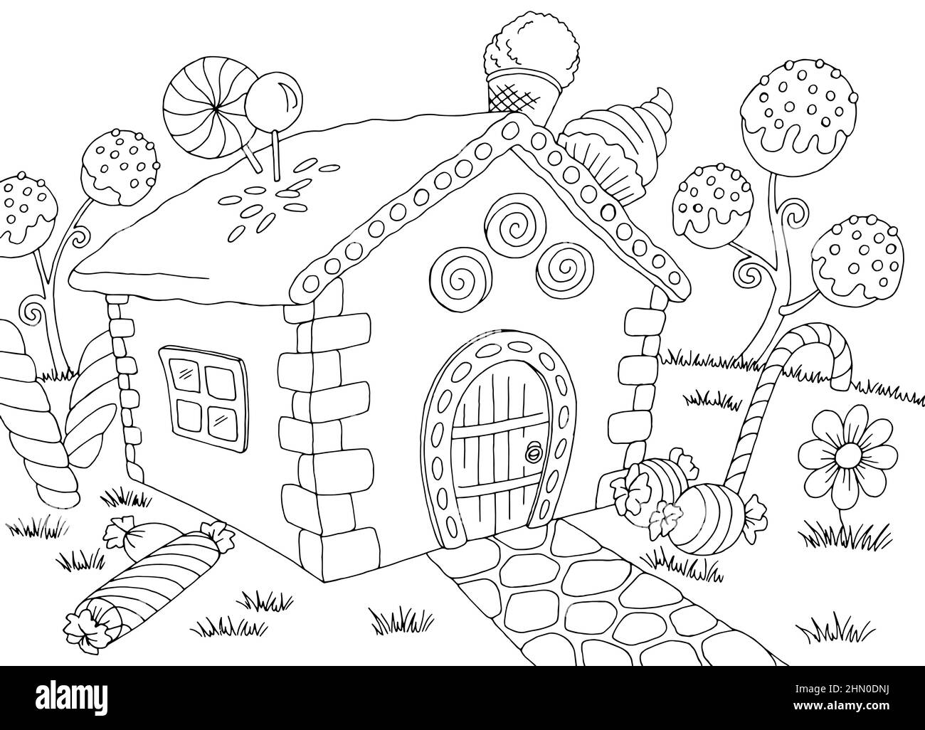 Candy house edificio exterior gráfico negro blanco paisaje ilustración