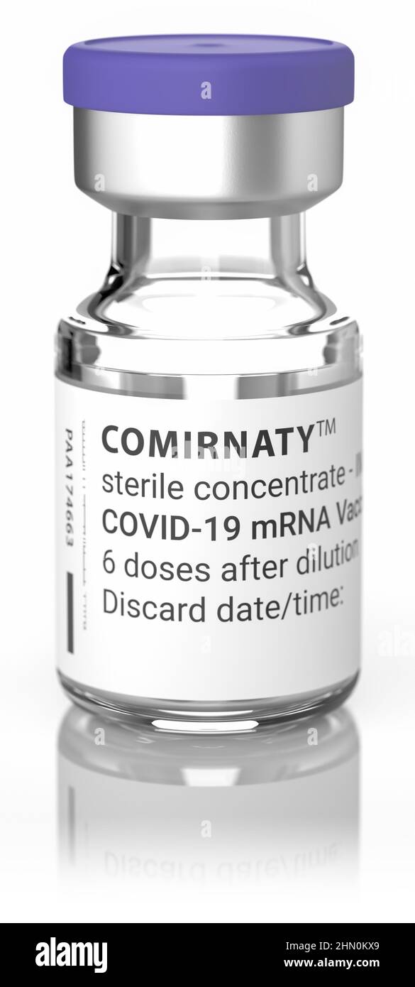 Una botella de la vacuna Covid-19 Comirnaty de BioNTech / Pfizer aislada sobre blanco. 3d renderizar Foto de stock