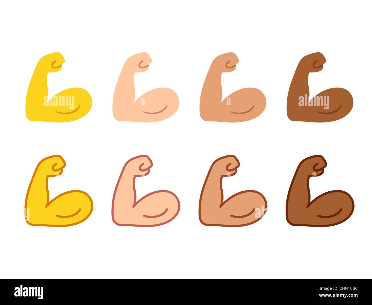 Conjunto de iconos de emoji biceps flexionados. Símbolo de brazo fuerte en dos estilos, dibujos animados delineados y planos. Color de piel diferente. Ilustración vectorial. Ilustración del Vector