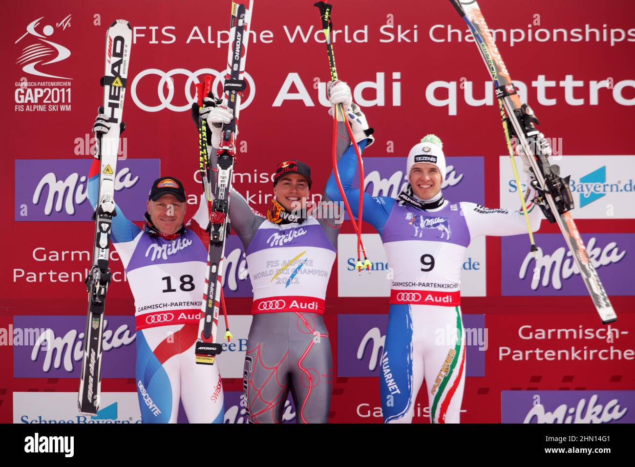 Didier Cuche (plata), Erik Guay (oro), Christof Innerhofer (bronce) en el Campeonato Mundial de Esquí Alpino FIS 2011 Foto de stock
