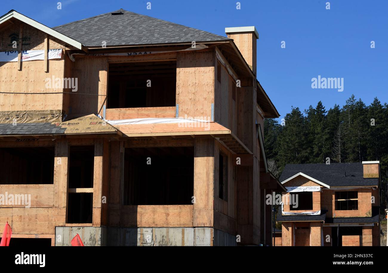 Casas unifamiliares en construcción en una nueva subdivisión residencial en Colwood, British Columbia, Canadá en la isla de Vancouver. Foto de stock