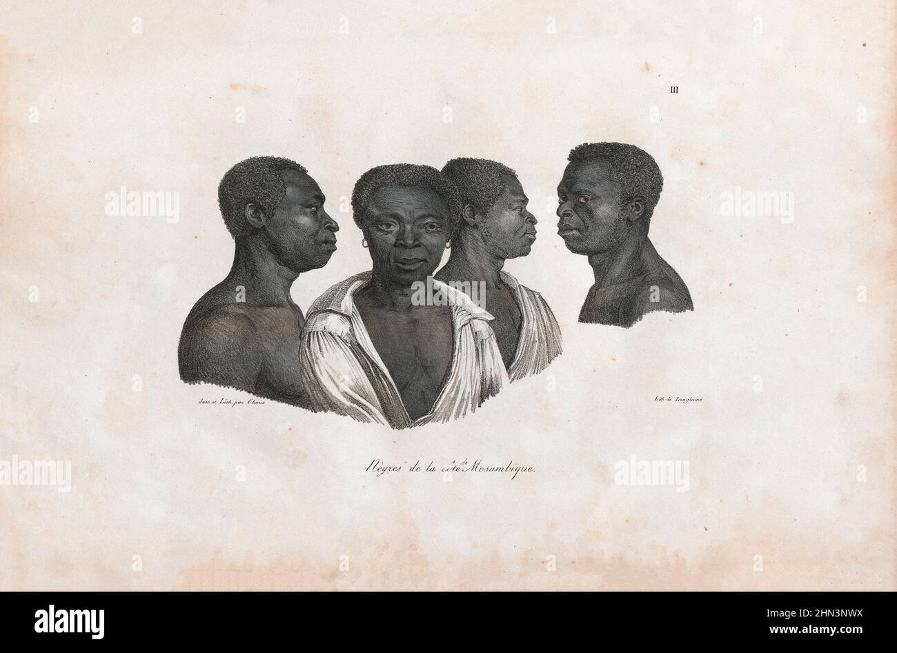 Litografía en color de retratos de habitantes costeros de Mozambique. 1822, por Louis Choris. Foto de stock