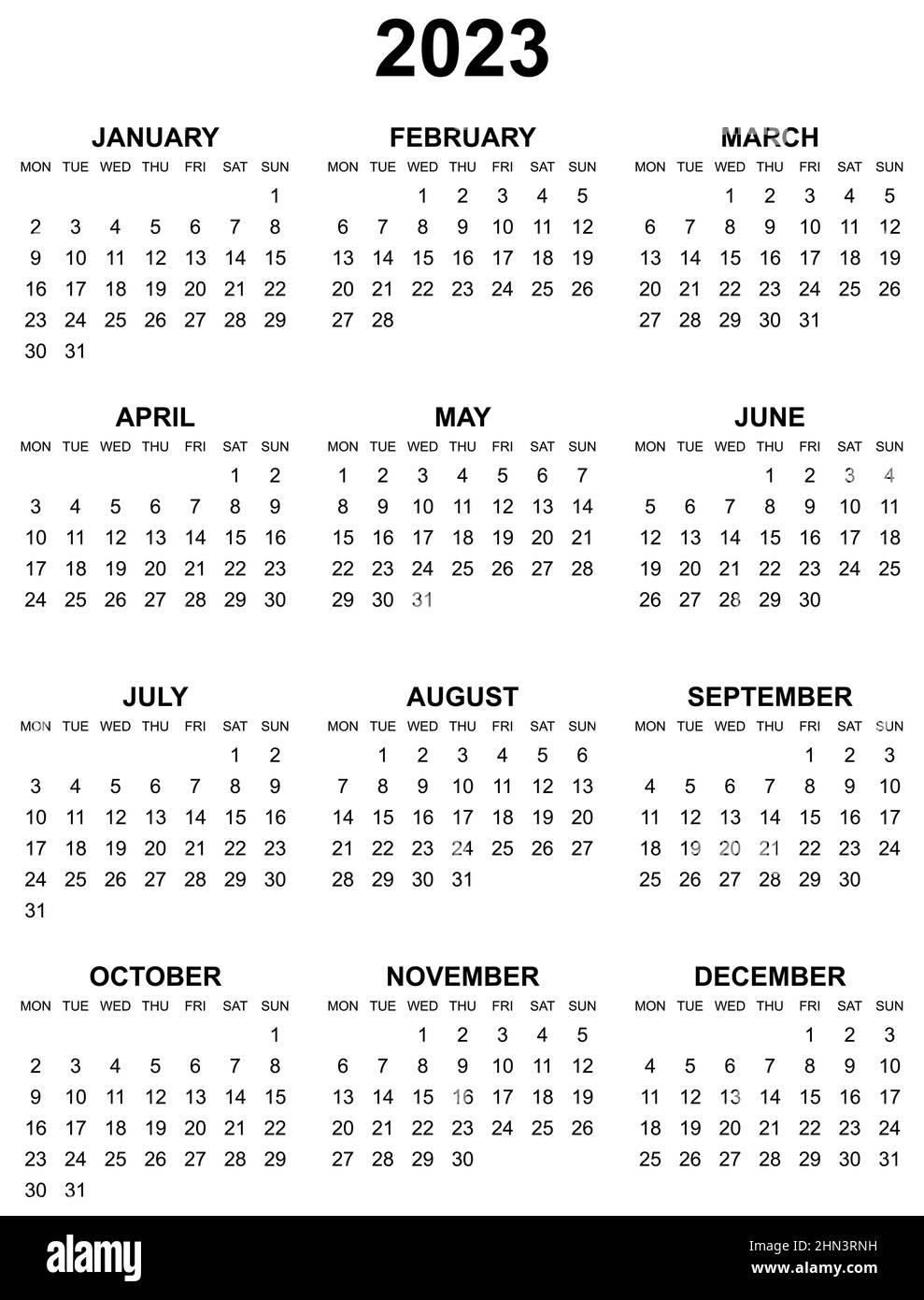 calendario 2023 en blanco y negro