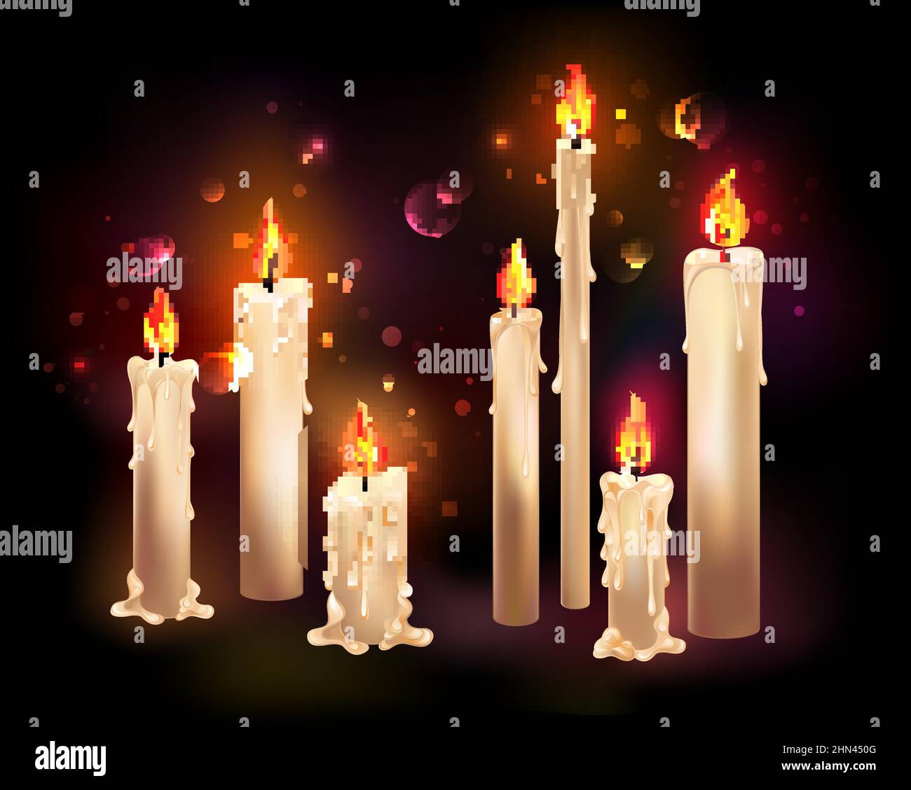 Artísticamente dibujadas, la cera, las velas encendidas se queman sobre fondo luminoso nocturno. Ilustración del Vector