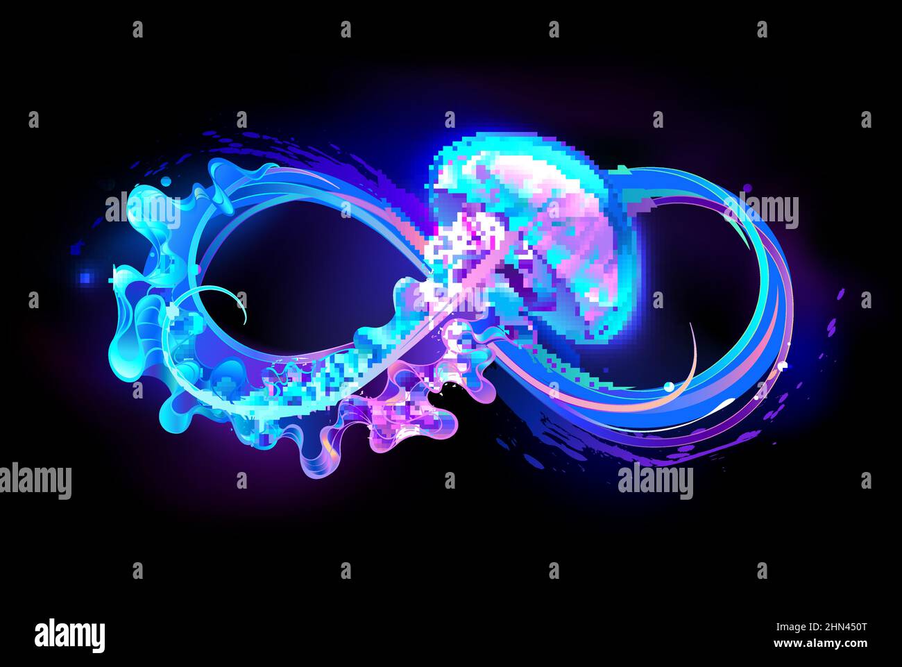 Luminoso símbolo de infinito brillante con medusas moradas, bioluminiscentes, vibrantes y fluorescentes adornadas con tentáculos largos sobre fondo negro. Debajo de la wa Ilustración del Vector