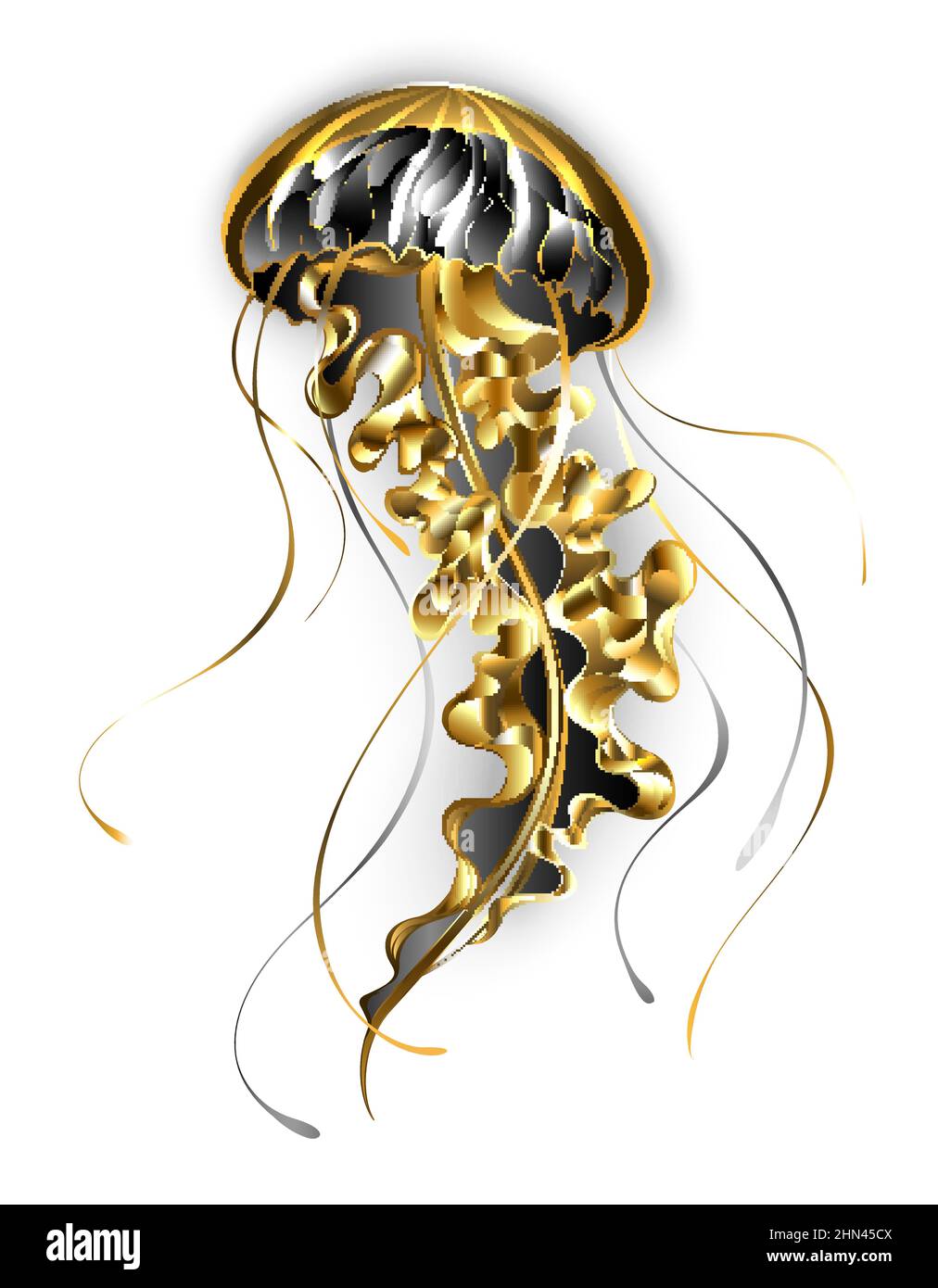 Grande, dorado, artísticamente dibujado, medusas de la joyería, con largo, tentáculos negros sobre fondo blanco. Ilustración del Vector