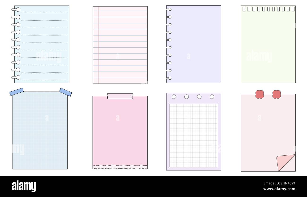 conjunto de plantillas de papel en blanco imprimibles nota rayada,  planificador, diario, recordatorio, notas, lista de comprobación, memo,  bloc de notas. lindo y colorido Fotografía de stock - Alamy