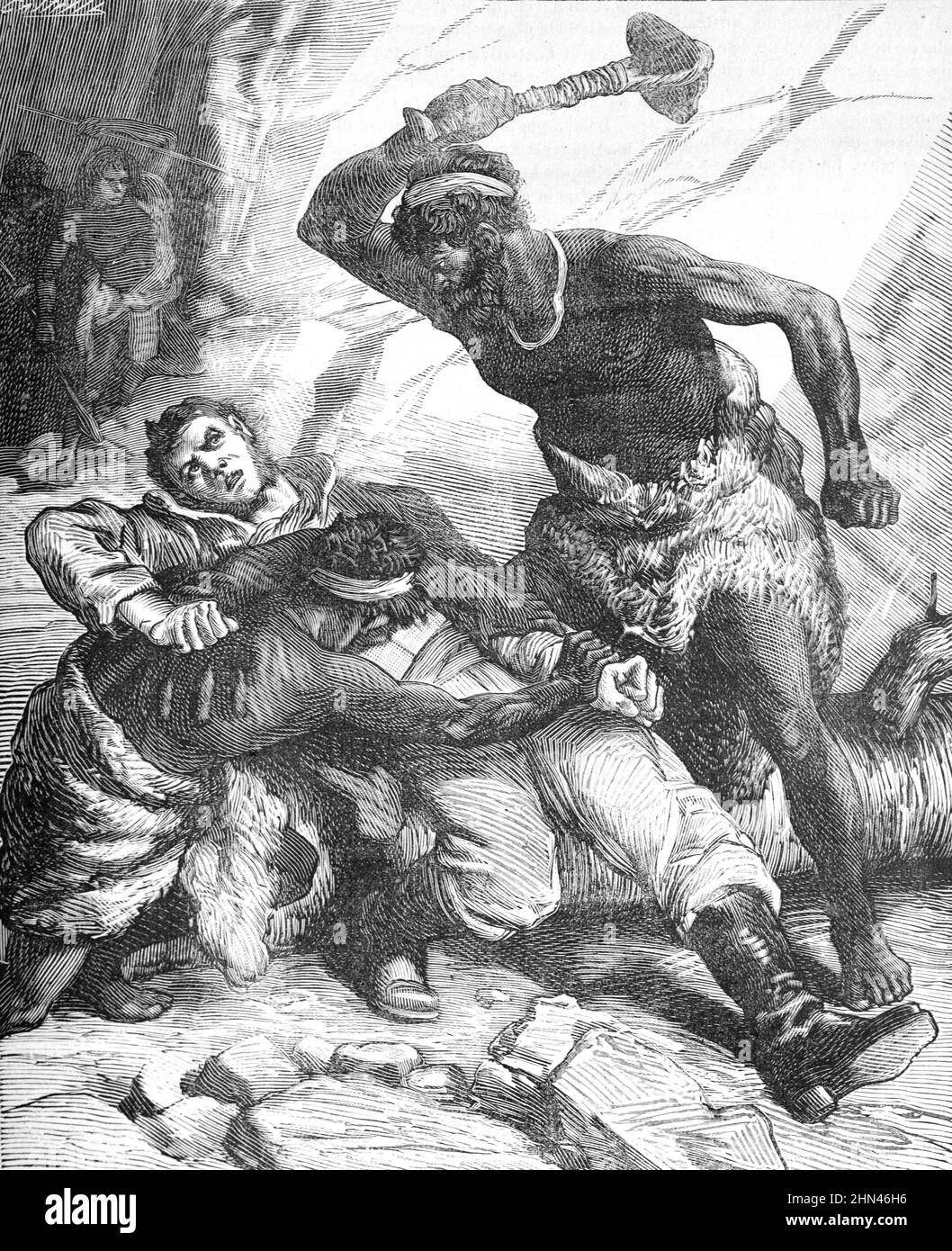 Lucha entre aborígenes y White Settler Australia. Ilustración o grabado vintage 1881 (Castelli) Foto de stock