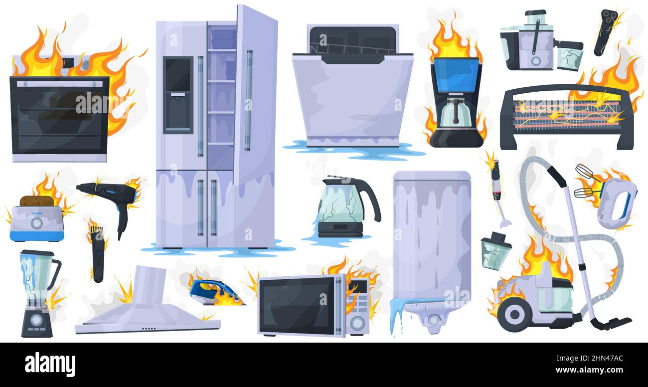 Aparato doméstico roto, dañado, refrigerador quemado, tostadora y