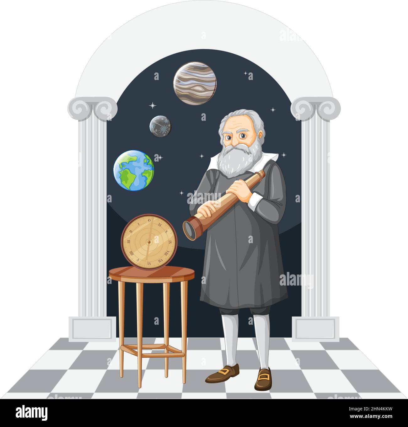 Galileo Galilei caricatura charater sobre la ilustración de fondo blanco Ilustración del Vector