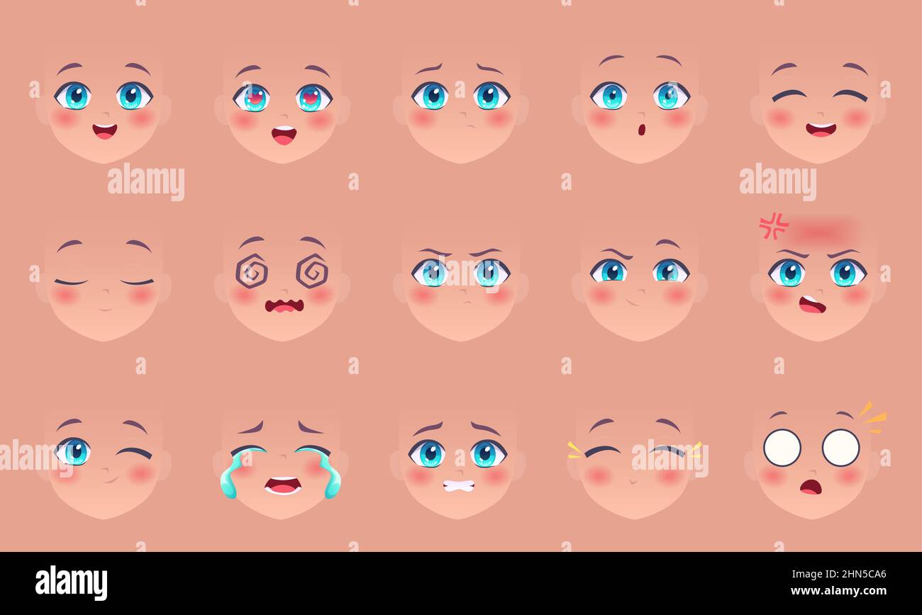 Caras de anime. Manga ojos nariz y labios expresiones divertidas dibujos animados kawaii comic caras personajes exacta vector creación kit Imagen Vector de stock - Alamy Caras de anime. Manga ojos nariz y labios expresiones divertidas dibujos animados kawaii comic caras personajes exacta vector creación kit Imagen Vector de stock - Alamy