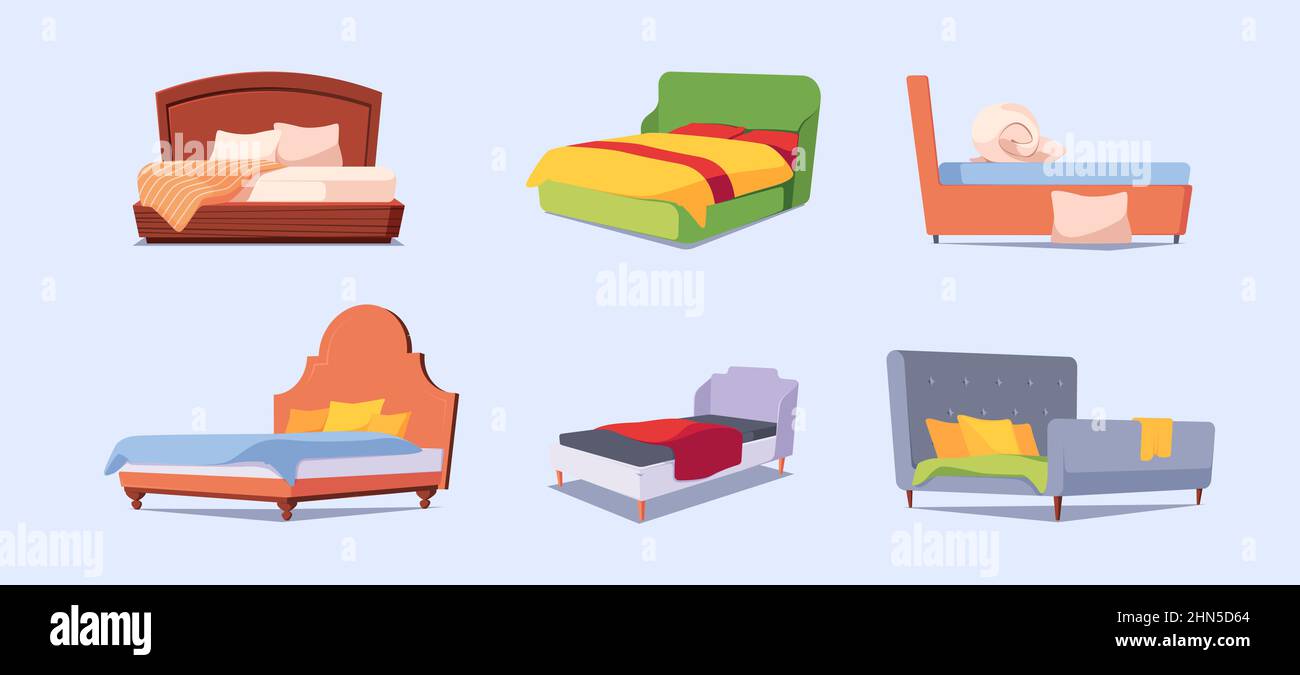 Cama de dibujos animados. Muebles modernos para relajarse Cómodas mantas sofá  camas cabeceras garish colección de vectores de camas de colores Imagen  Vector de stock - Alamy