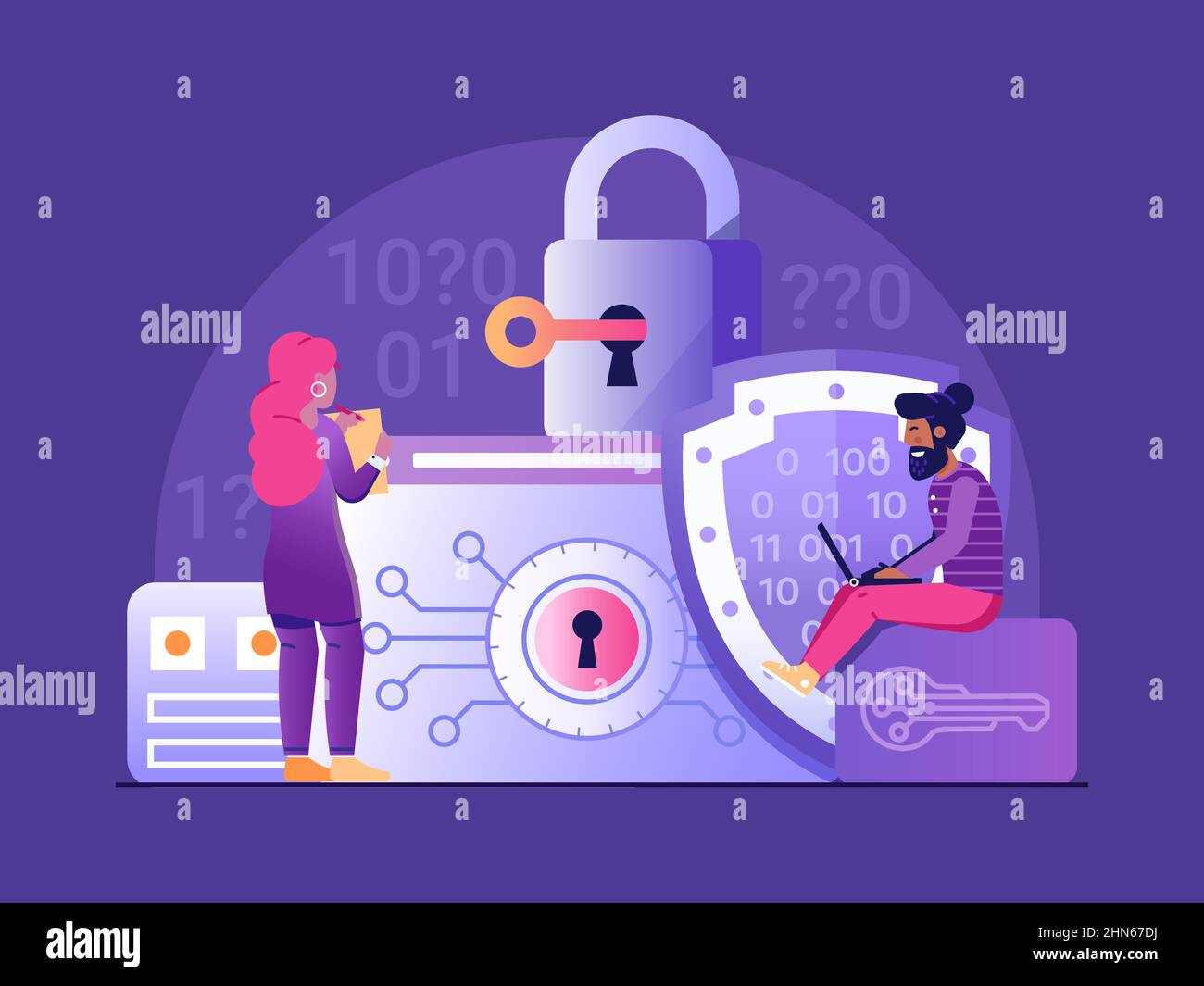 Almacenamiento de contraseñas y cifrado de datos Escena plana Ilustración del Vector