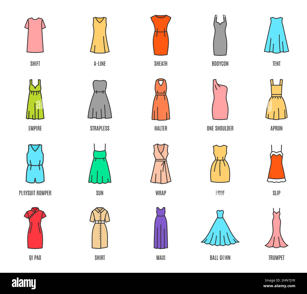 Color mujer vestidos iconos aislados, moda femenina tipos de ropa, vector.  Las mujeres usan y visten modelos con nombres, partes de arriba y faldas  con formas, bodyc Imagen Vector de stock 