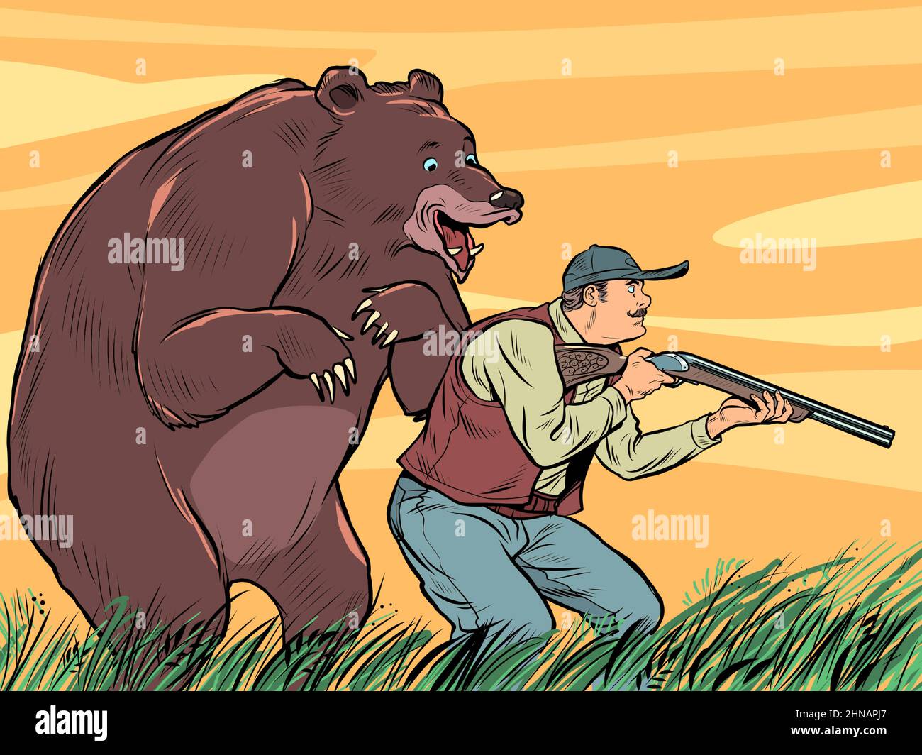 Un oso enorme y un cazador, una escena divertida. Un depredador se ha deslizado sobre un hombre Ilustración del Vector