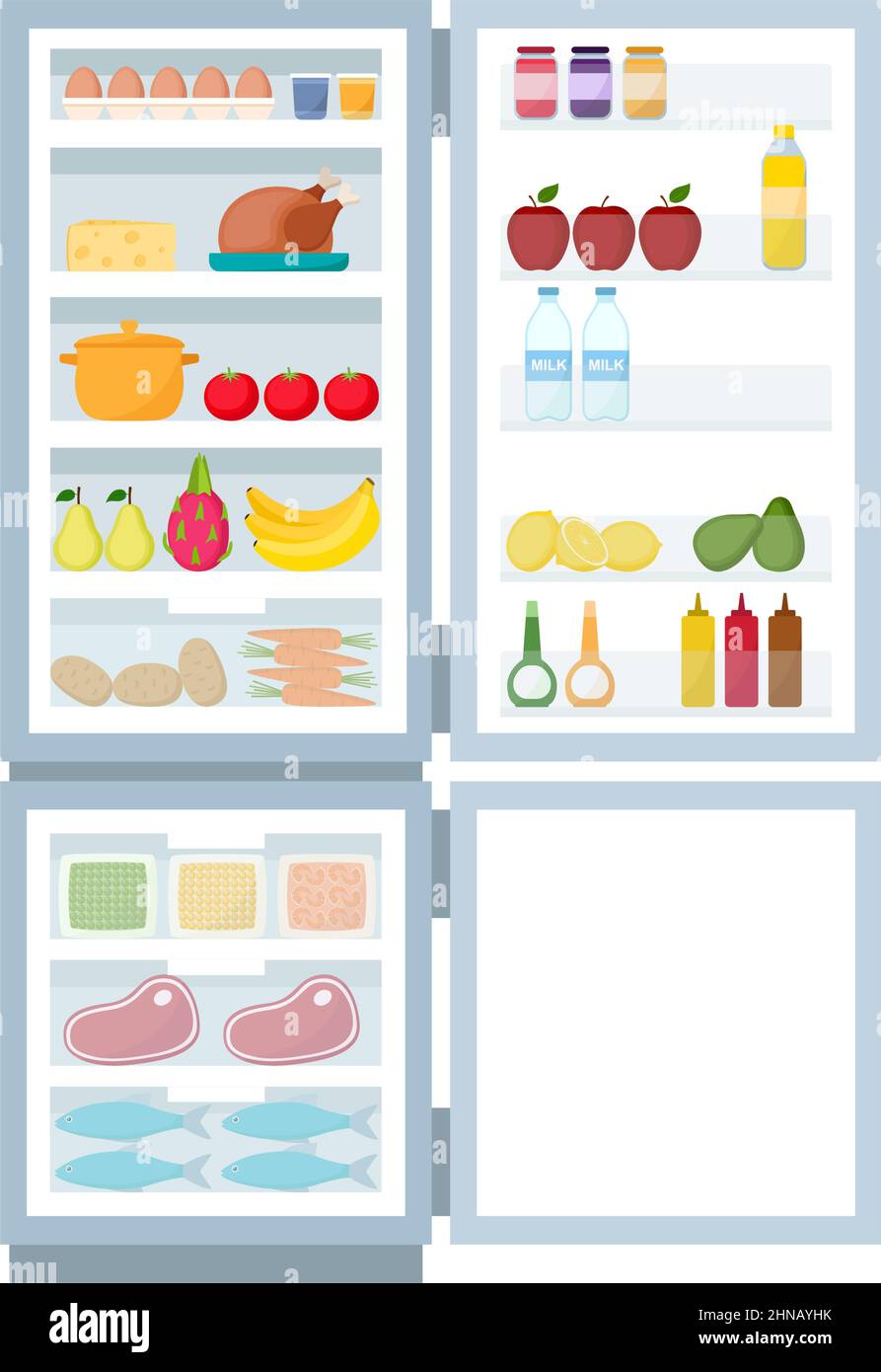 Abra el refrigerador y el congelador llenos de alimentos, ilustración vectorial Ilustración del Vector