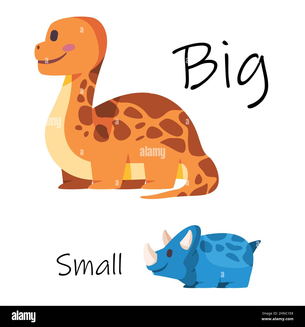 Comparación grande vs pequeña entre el gran dinosaurio brontosaurus y la pequeña triceratops colorido gráfico kiddy ilustración Ilustración del Vector